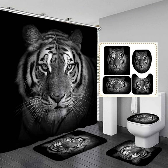 4PCS Tiger Shower Curtain Sets with Rugs, Waterproof Fabric Black Shower Curtain Set, Wildlife Safari Animal Bathroom Decor, Non-Slip Bath Mat Bathroom Rugs, Tiger Gifts for Men Teen Boys