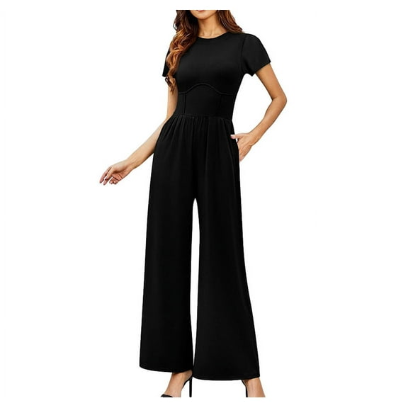 LYMAYTER Womens Crewneck Jumpsuits Summer Solid Color Soft Bodysuit Pants Female Short Sleeve Casual Rompers S-2XL