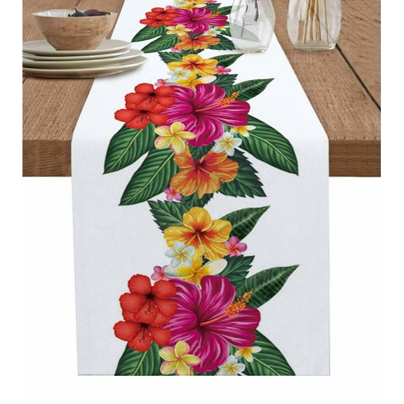 Table Runner Dresser Scarves 90 Inch Long, Watercolor Puerto Rico Hibiscus Flower and Green Leaves Linen Dining Table Runners White Tabletop Scarf for Wedding Holiday Party Kitchen