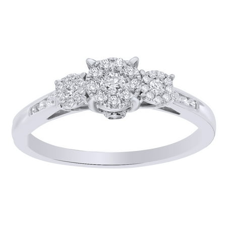 3 Cluster Diamond Ring - White Natural Diamond Cluster Three Stone Engagement Ring in 10k Solid Gold (0.33 Cttw)