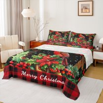Manfei Chic Cardinal Bird Bed Sheets 4 Pieces, Merry Christmas King Sheets, Xmas Red Checkered Sheet Set, Breathable Home Decor