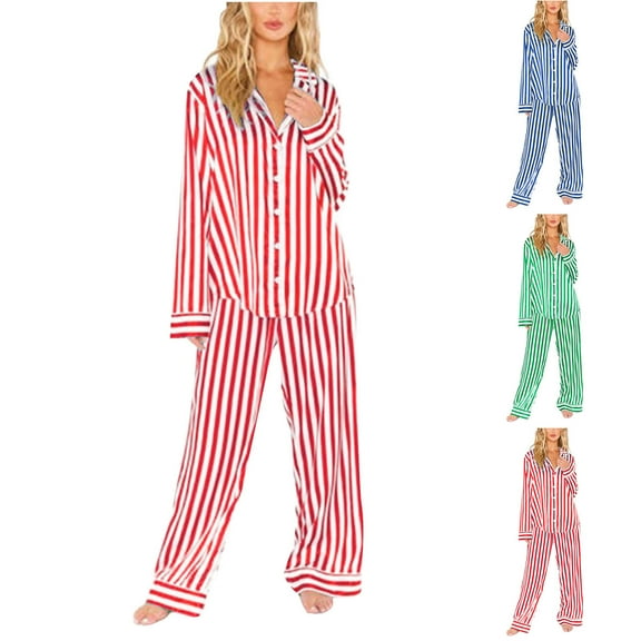 pstuiky Womens Pajama Sets Fashion Striped Print Lightweight Pajama Sets with Pants Leisure Loose Fit Collared Long Sleeve Sleepwear Night Shirts for Women Sleepwear Green S