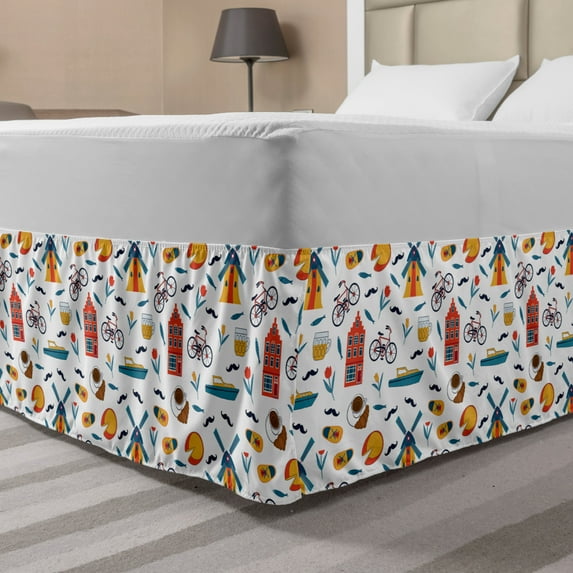Colorful Bed Skirt, Famous Dutch Motifs Pattern Illustration Designed on Plain Backdrop, Elastic Bedskirt Dust Ruffle Wrap Around for Bedding Decor, 4 Sizes, White and Multicolor, by Ambesonne