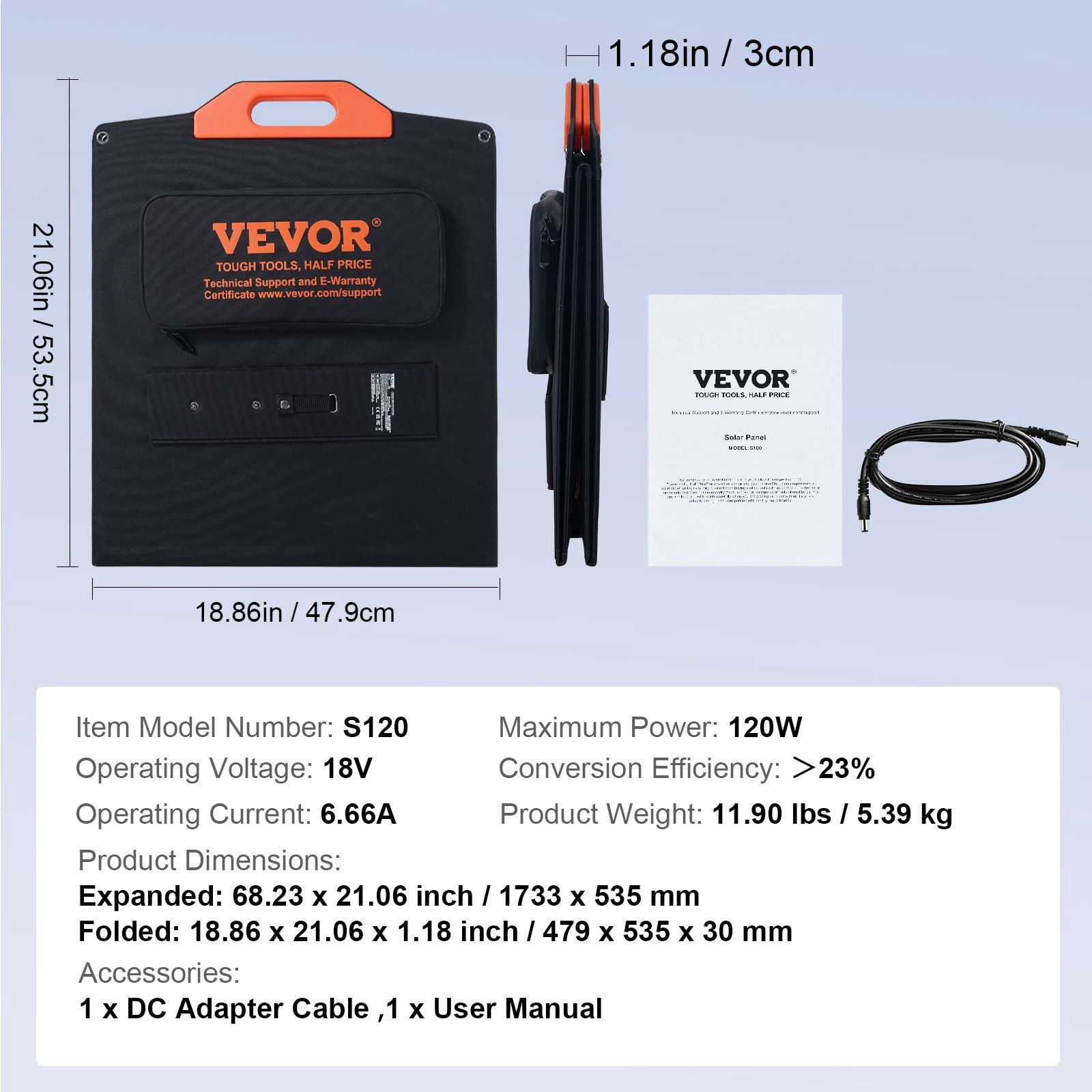 Foldable 120W Monocrystalline Solar Panel, High Efficiency 23% ETFE Charger, USB QC3.0 & Type C, IP67 for RV, Home, Outdoor