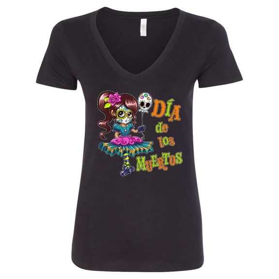 Inktastic DÃÂa De Los Muertos Girl with Skull Balloon Women's V-Neck T-Shirt