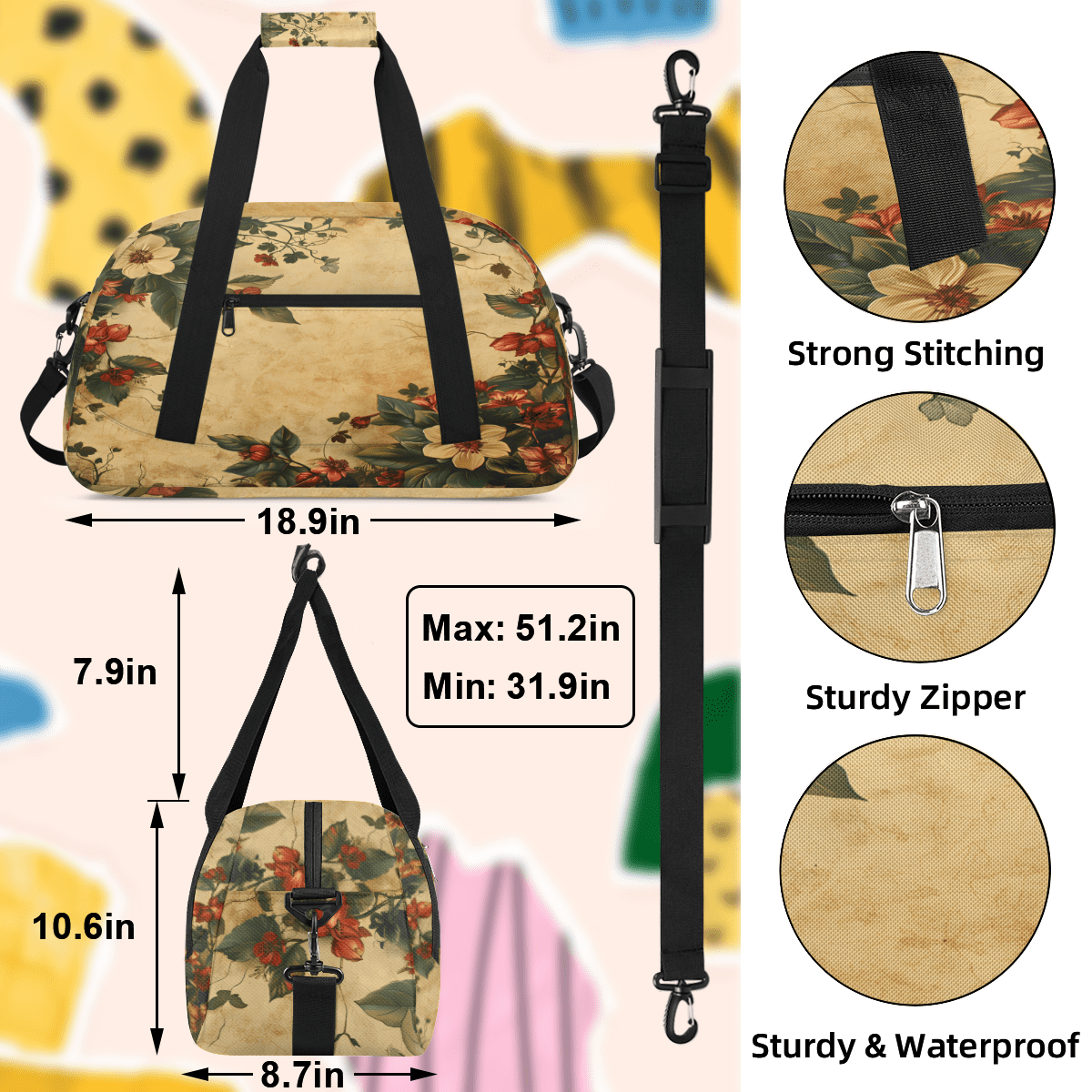 Herdesigns Retro Floral Sports Duffle Bag for Women & Men, Flower Vintage Modern Gym Bag Dance Bag Overnight Bag Carry On Weekender Travel Bag