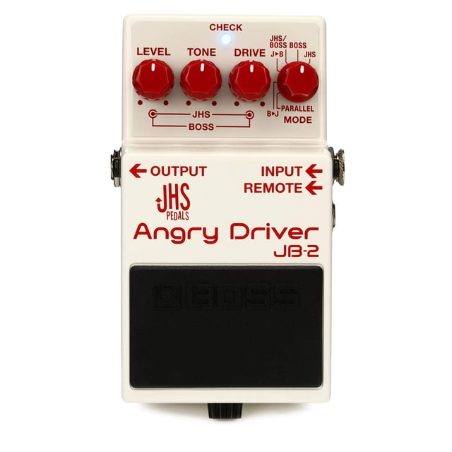 pedal overdrive boss jb-2 angry driver con controlador bd-2 blues Multicolor, vista frontal centrada del pedal JB-2 Angry Driver de BOSS con carcasa blanca; cuatro perillas rojas etiquetadas LEVEL, TONE, DRIVE y selector paralelo, texto rojo "Angry Driver JB-2" y logo JHS Pedals, entradas INPUT, OUTPUT y remote visibles y pedal de pie negro.