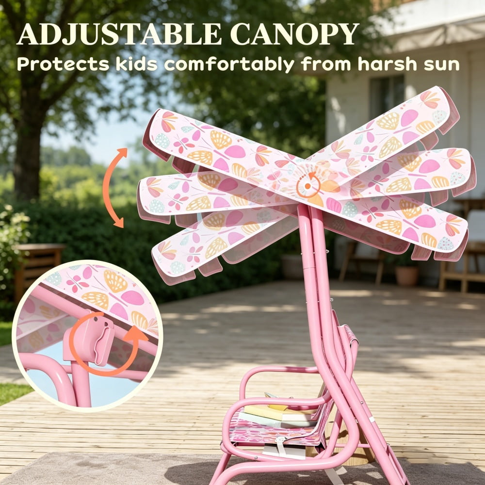 Pink Kids Swing Chair with Adjustable Canopy & Safety Seat Belts, Metal Frame, Non-Skid Feet, Butterfly Pattern for 3-6 Years Old (Poolside/Patio/Backyard)