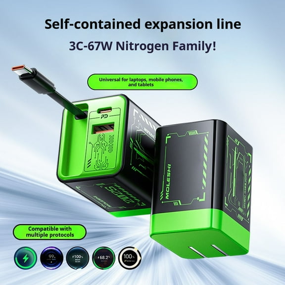 3-in-1 67w Fast Charger, Smart Charger, Fast Charging Module Type C Cable And 2 USB Ports Retractable Wall, Foldable Plug for Most Models, Fast Charging Power Adapter for Phone Laptop