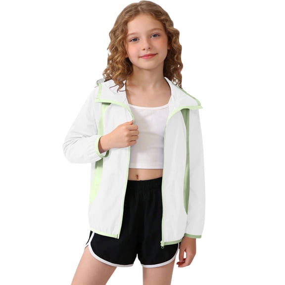 CYRBOKO Girls' Color Block Sun Coat, UV Protective Summer Thin Lightweight Outdoor Jacket White Size 7 T