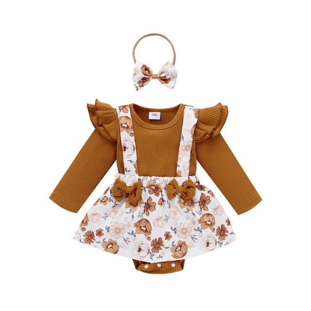 Gupgi Baby Girl Outfit, Floral Splicing Suspenders Skirt Romper + Hairband