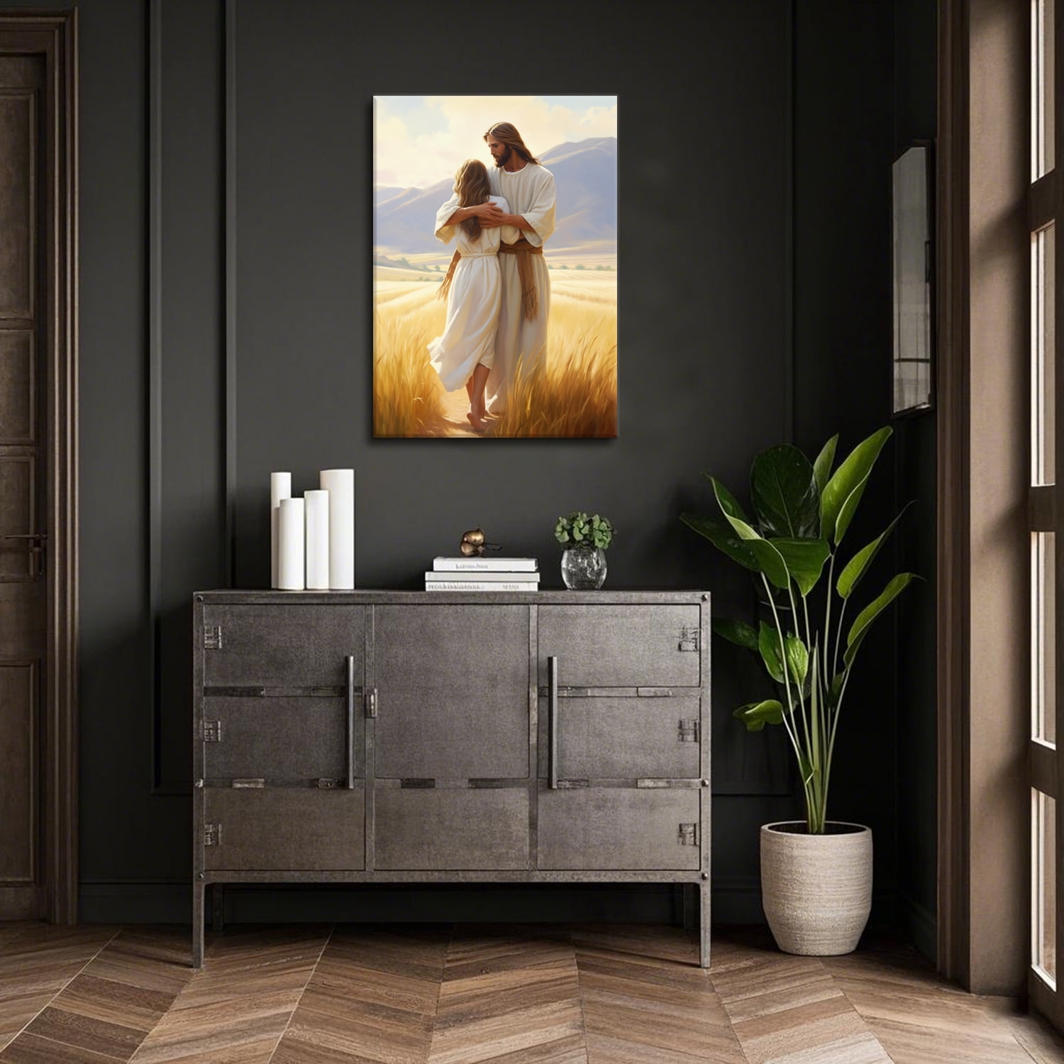 Framed Jesus Canvas Wall Art Jesus Embracing Woman Safe in His Arms Wall Decor Picture Christian Paintings Prints Jesus Christ Poster for Bedroom Living Room Dining Room Home Decoration