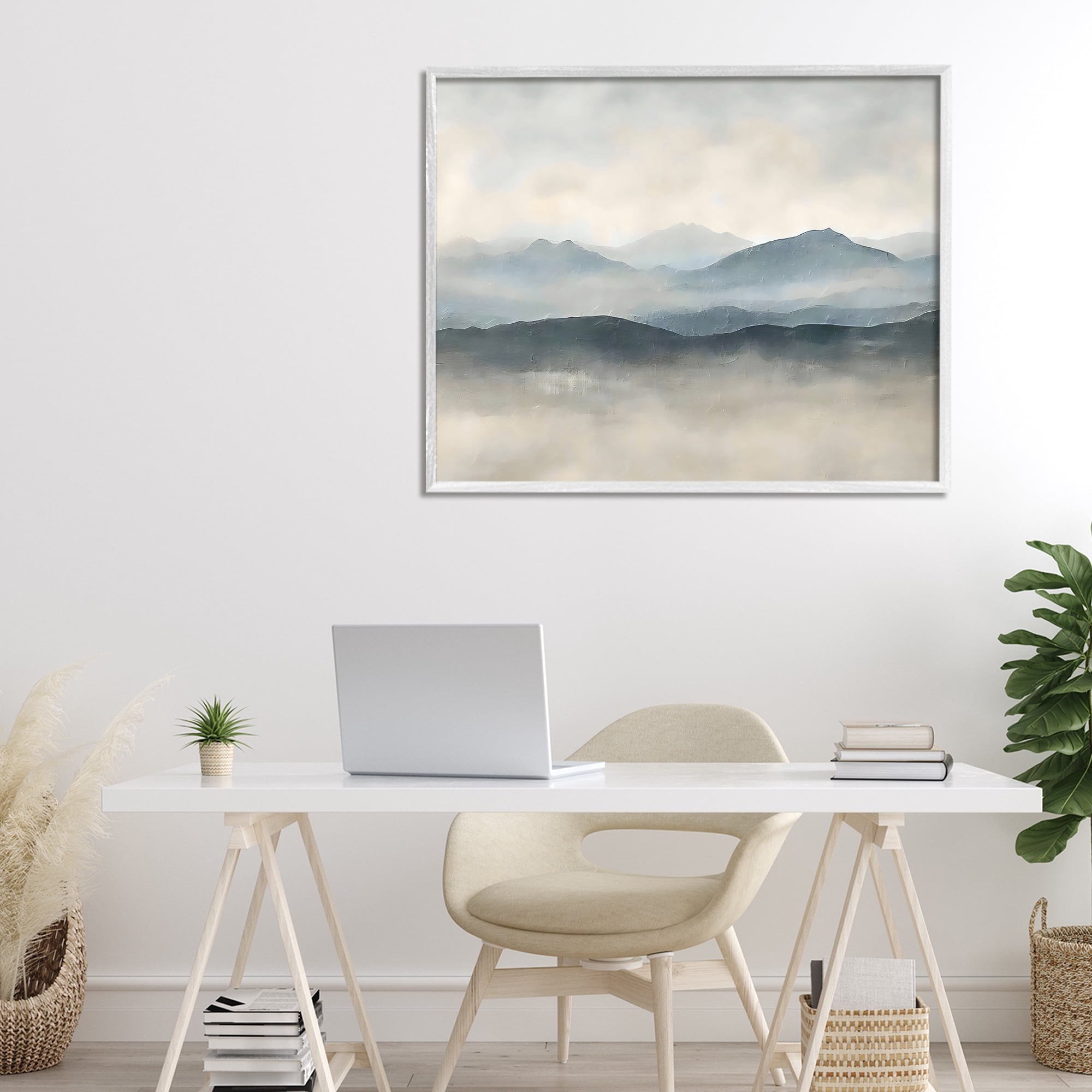Stupell Industries Misty Muted Mountainscape White Framed Giclee Art, design by Riley B