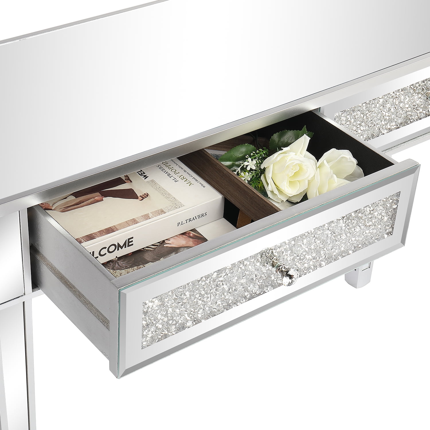 2-Drawer Modern Diamond-Embellished Mirrored Desk, Silver, 42 x 15 x 29.92 in