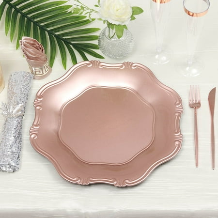 6 Pack | 13" Rose Gold Baroque Scalloped Acrylic Plastic Charger Plates, Hexagon Charger Plates ...