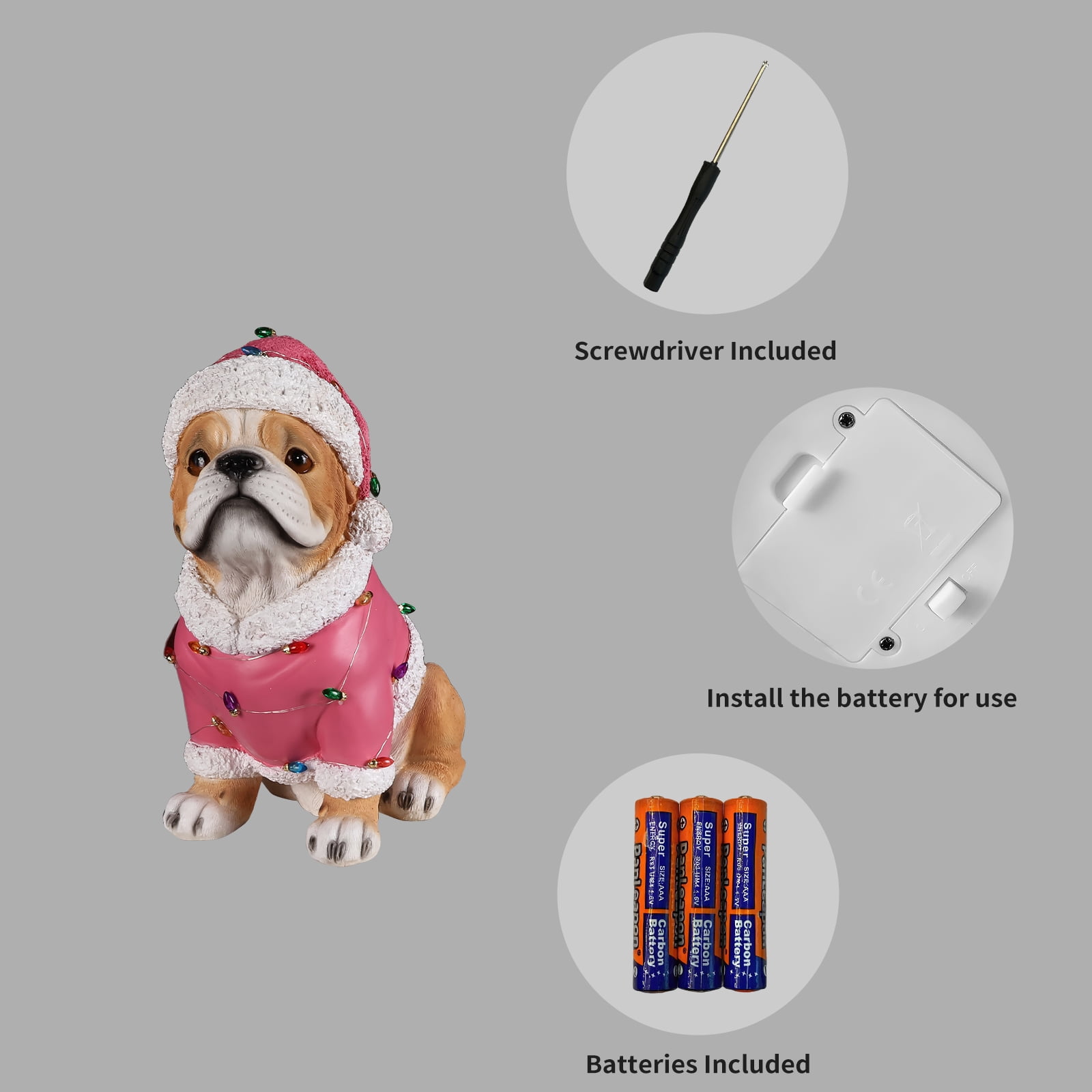 Pug Pink Santa Outfit Christmas Dog Statue with Santa Hat Bulb Accents Holiday Tabletop Decor