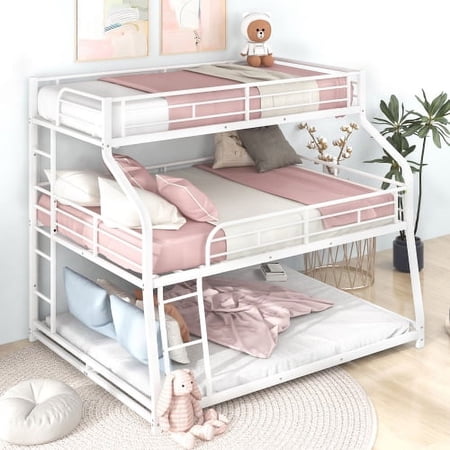 Twin XL/Full/Queen Triple Bunk Bed  3 Bed Bunk Beds for Kids Teens  Metal Triple Bunk Bed Frame with Long and Short Ladder/Full-Length Guardrails (White-XL/Full/Queen)83  L*61.8  W*74  H