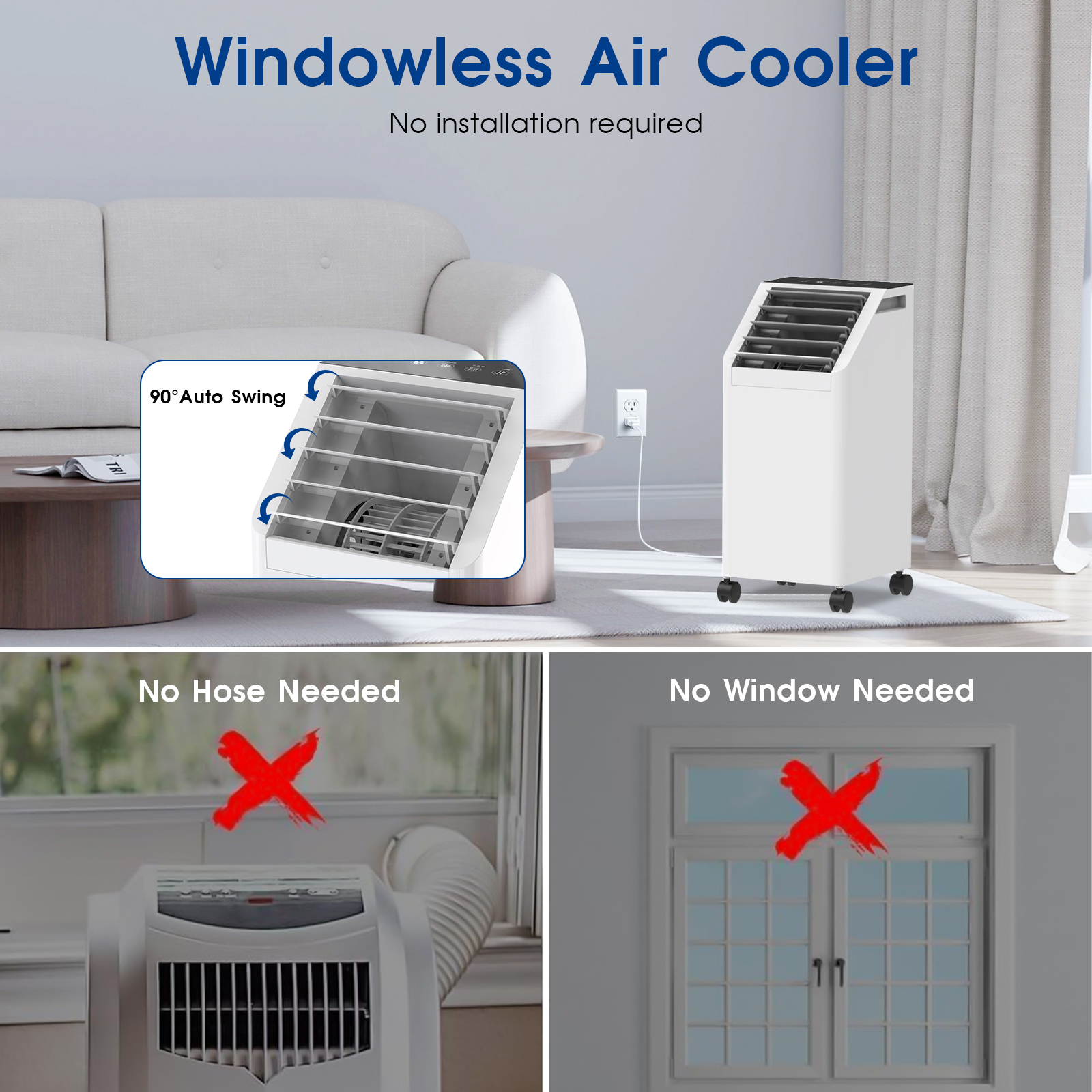 Advwin 3-in-1 Windowless Portable Air Conditioner & Evaporative Cooler with Remote, 60° Oscillation, 3 Speeds, 1 Gal Tank, 4 Ice Packs, Timer