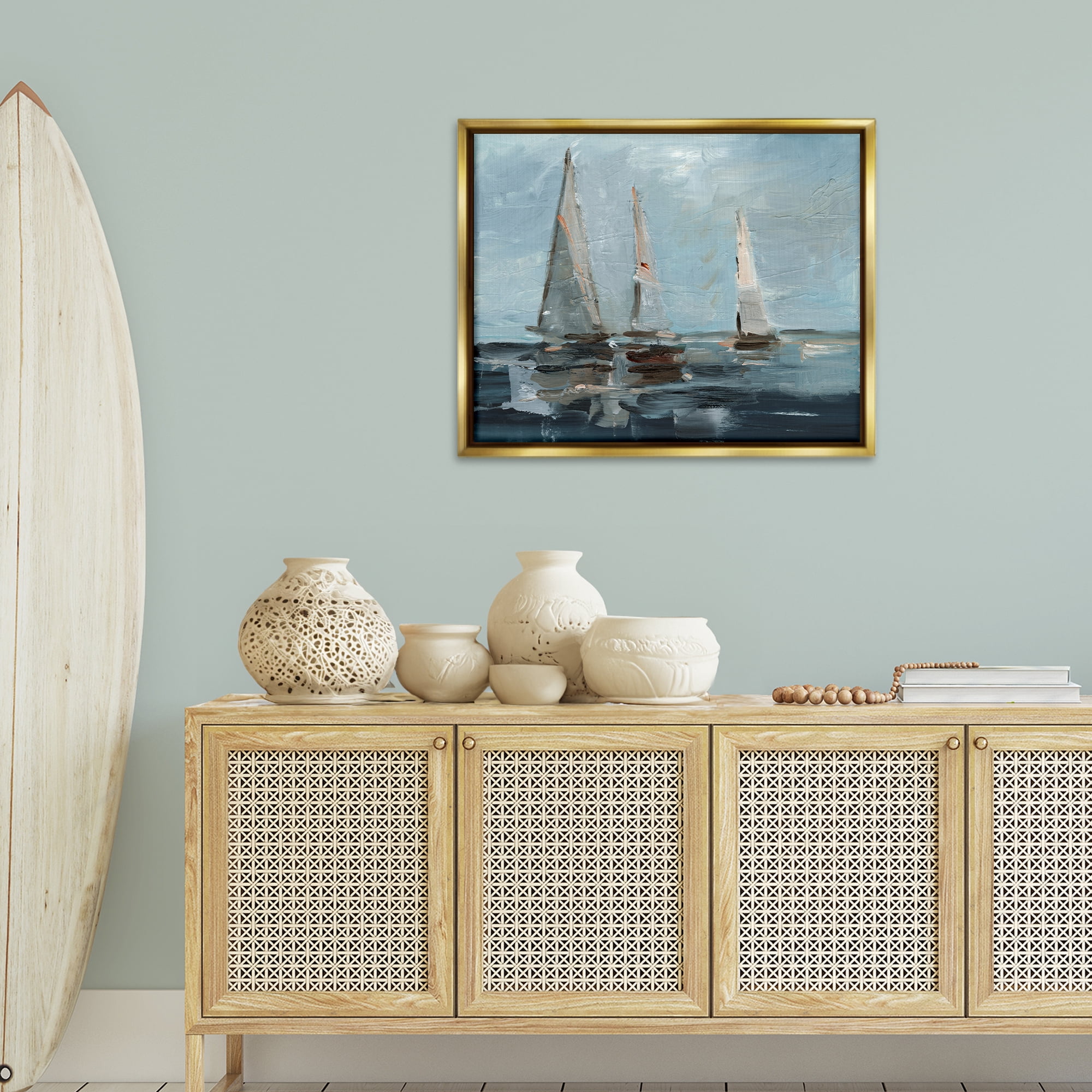 Stupell Industries Moody Sailboats Maritime Transportation Painting Gold Floater Framed Canvas Art Print Wall Art, 31 x 25
