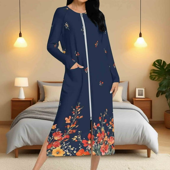 Aboser Women's Zipper Housecoat Vintage Floral Sleepwear Dress Zip Up Long Sleeve Nightgowns Casual Full Length Robes Moisture Wicking Loungewear with Pockets