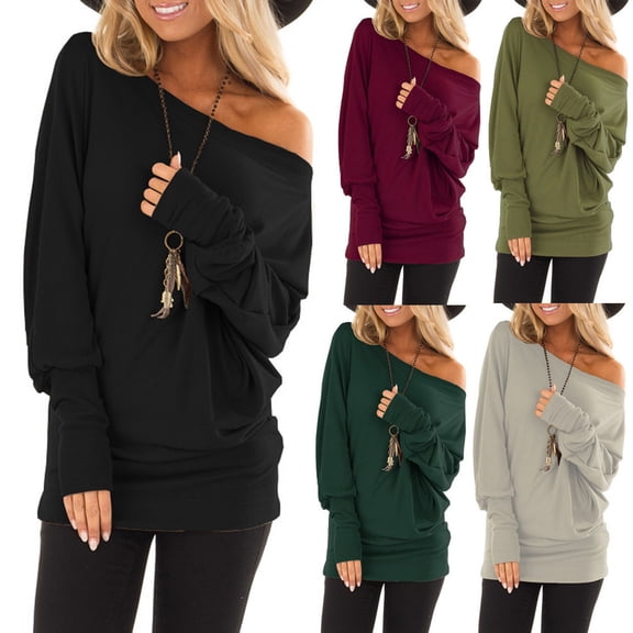 YAYUBA Womens Off The Shoulder Tops Oversized Tshirts Long Sleeve 2026 Casual Basic Tees