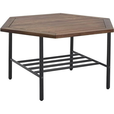 Afuera Living Modern Wood and Metal Outdoor Hexagon Coffee Table in Dark Brown