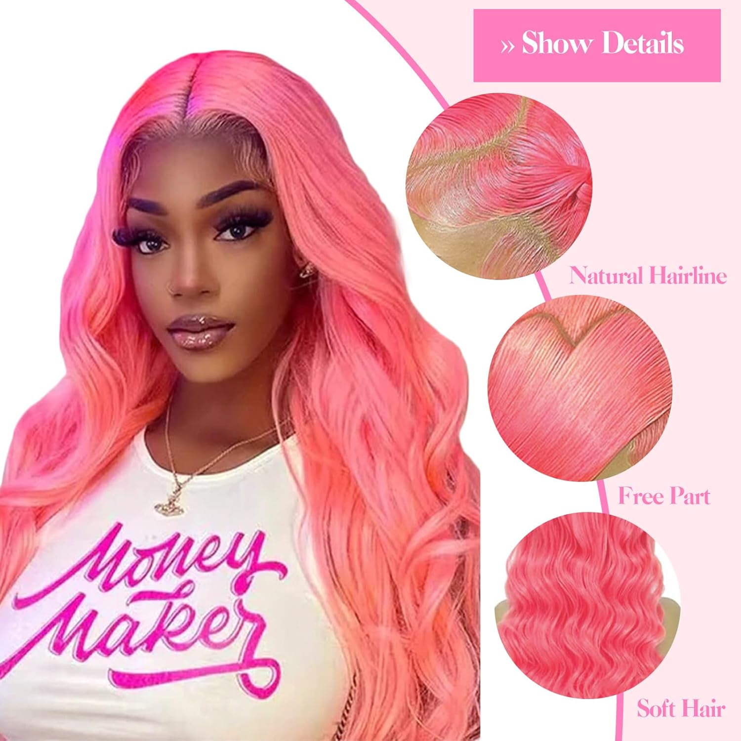 13*6 Inch HD Lace Closure 100% Human Hair Wig Body Wave Lace Front Wig 24" Pink Hair Heat Resistant Bleachable