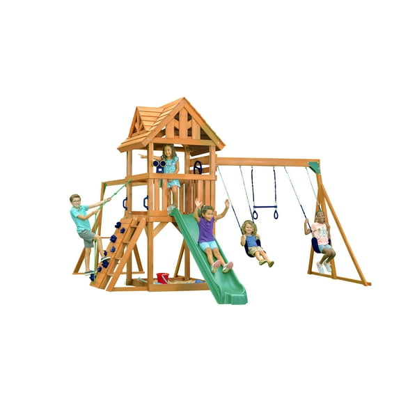 Creative Cedar Designs Mountain View Lodge Cedar Swingset with Wooden Roof, Monkey Bars, Climbing Wall & Rope, Slide, Sandbox, Belt Swings and Trapeze