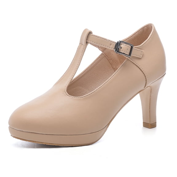 DADAWEN Womens Pumps Round Toe T-Strap Mid Heels Bridal Wedding Party Dress Shoes Nude 9 US