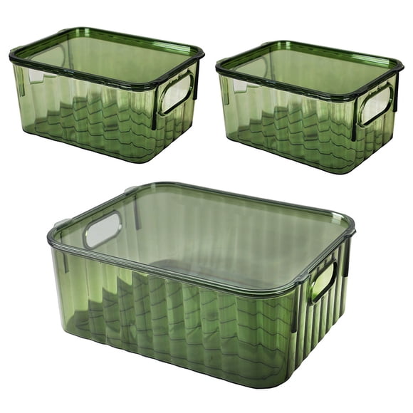 Set de 3 Cajas de Almacenamiento con Tapa | Plástico Resistente, Transparente Verde y Diseño Apilable con Asas para Organización del Hogar u Oficina