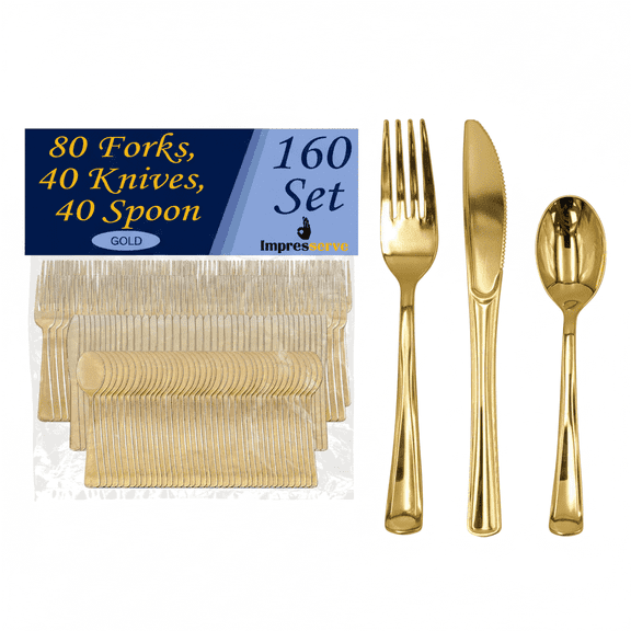 Impresserve Gold Disposable Plastic Cutlery Set, 80 Forks 40 Spoons 40 Knives, Durable Party and Event Tableware, 160 Piece Set