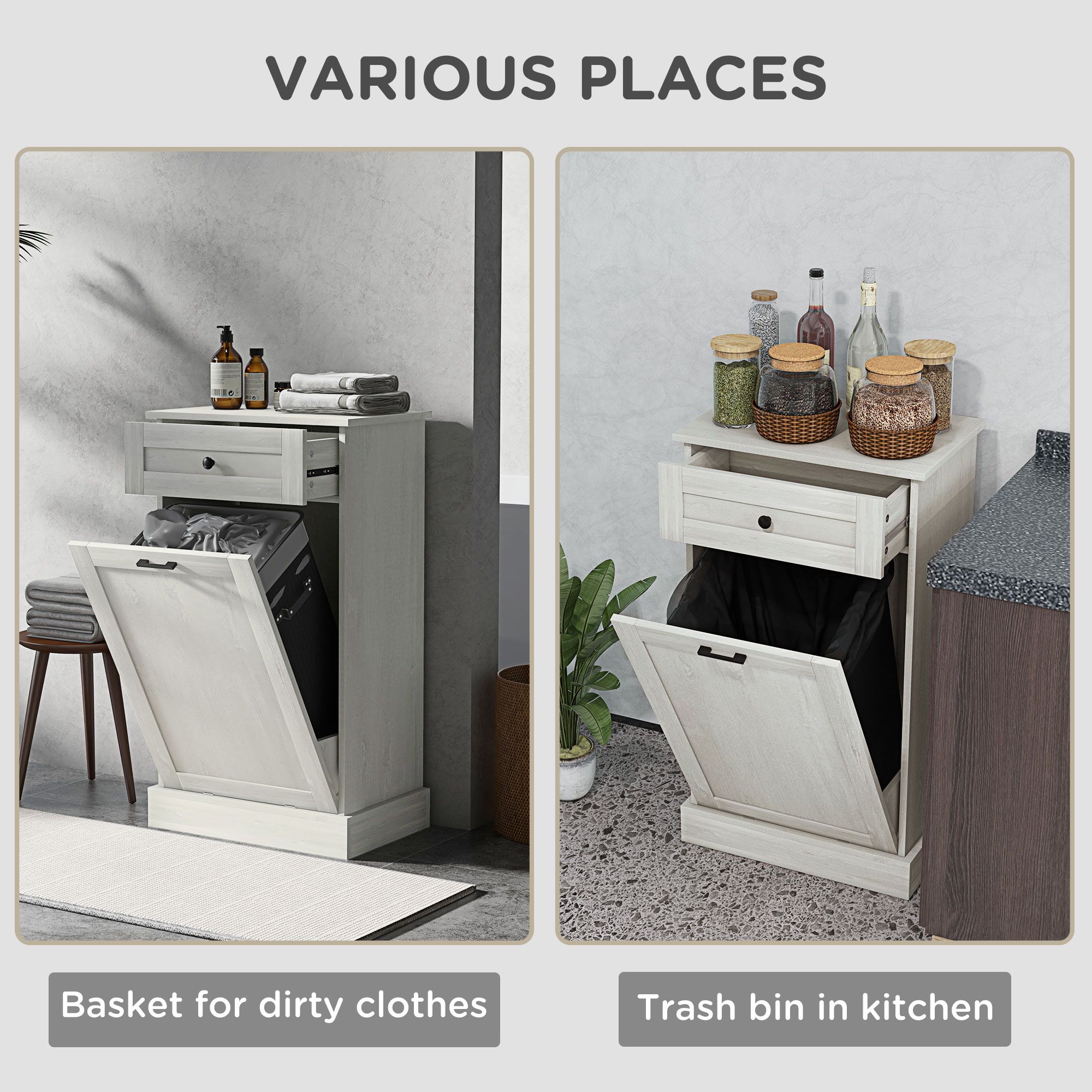 Tilt Out Trash Bin Cabinet with Drawer, Freestanding Kitchen Storage Cabinet, Particle Board and Wood, 20 in Wide, Holds 10 Gallon Trash Can