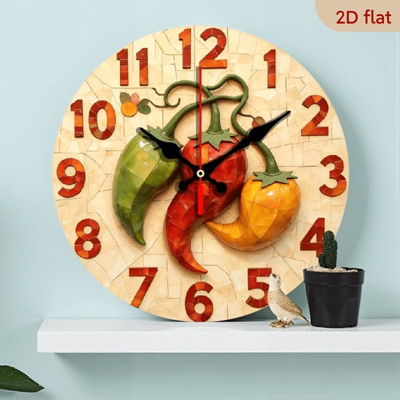 10-inch 2D flat "Colorful Hot Pepper" theme wooden circular silent wall clock, suitable for modern home art decoration, wall decoration, it is an ideal gift for festivals and birthdays