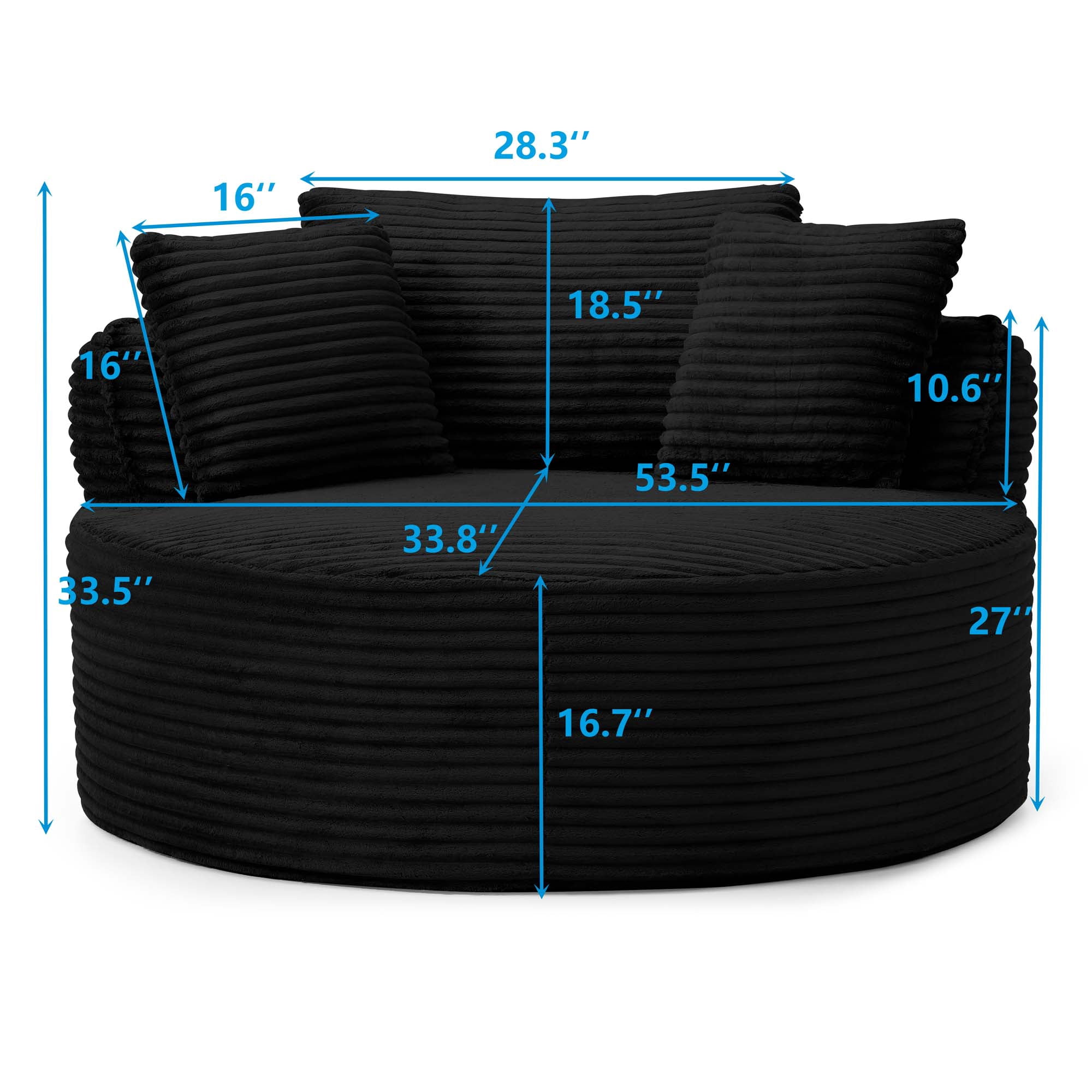 Miniyam 54" Lounge Chair for Living Room, Round Corduroy Chair, Includes Back Pillows, High Comfort for Reading & Relaxing(Black)