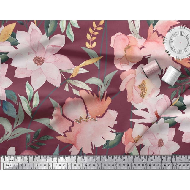 Soimoi Purple polyester Crepe Fabric Leaves & Magnolia Floral Print Fabric by Yard 42 Inch Wide