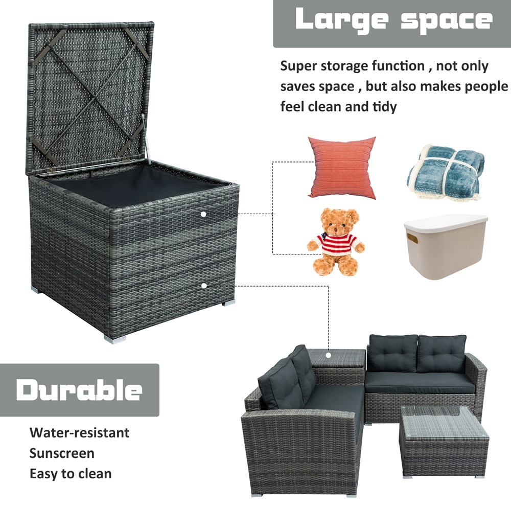 Patio Sofa Furniture Set, 4 Piece Wicker Outdoor Conversation Sets, Sectional Sofa Furniture Sets with Storage Box and Table, Patio Backyard Porch Balcony Deck Furniture Sets, JA2630