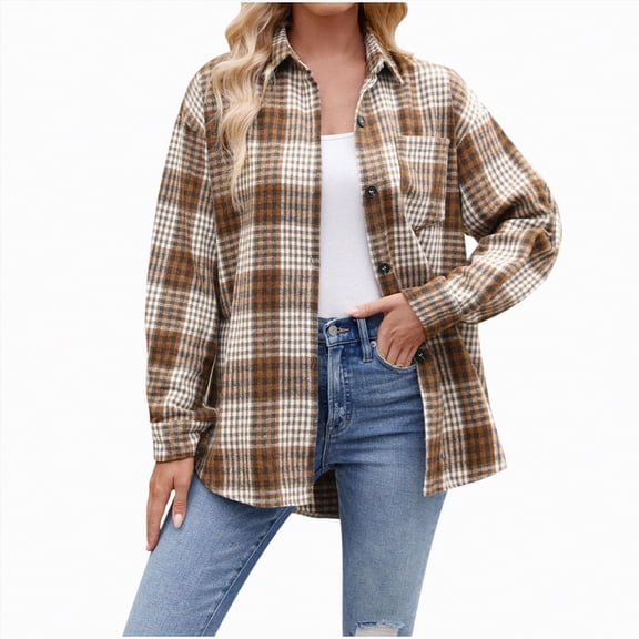 Towmus Womens Flannel Plaid Shirts Roll Up Long Sleeve Mid-Long Casual Boyfriend Shirts with Pockets