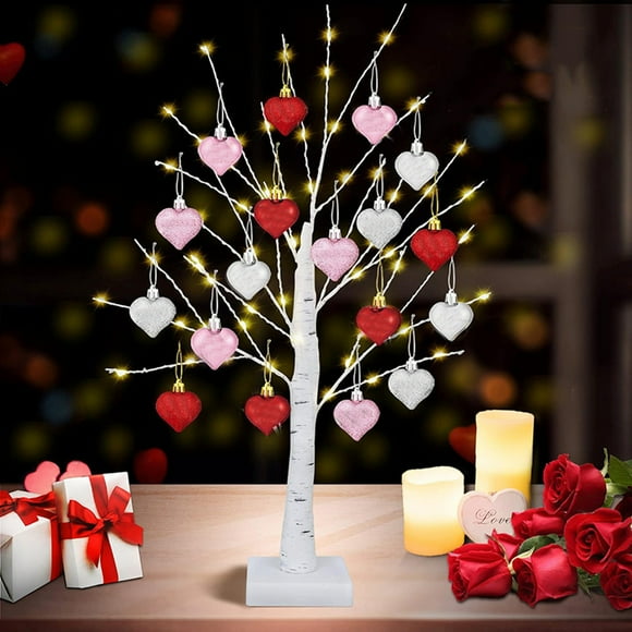 Lighted Birch Tree with LED Lights - 24" Lighted Valentine Day Tree with Heart Berry Red Tinsel Ornaments Battery Operated Valentines Day Table Tree for Valentines Day Gifts Indoor Home Decor
