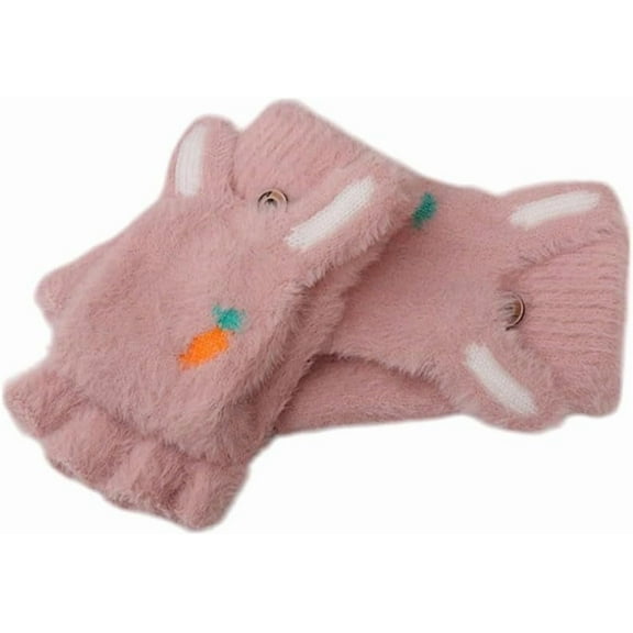 2 Pairs Convertible Velvet Fingerless Gloves Cute Women Winter Warm Gloves Half Capped 2 in 1 Combo Mitten Rabbit Pink 24.7cm