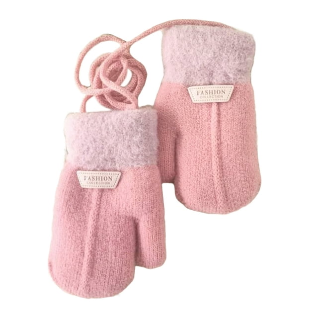 1 Pair Hanging Rope Halter Thickened Fleece Lining Winter Gloves Letter Logo Solid Color Baby Knitting Mittens