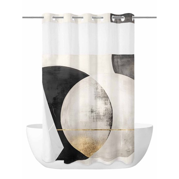 Abstract Art No Hook Shower Curtain and Liner Set Black White Circle Gold Striped Mottled Geometric Shower Curtains with Snap-in Liner & See Through Top Window Hotel Style for Bathroom 36x72 Inch
