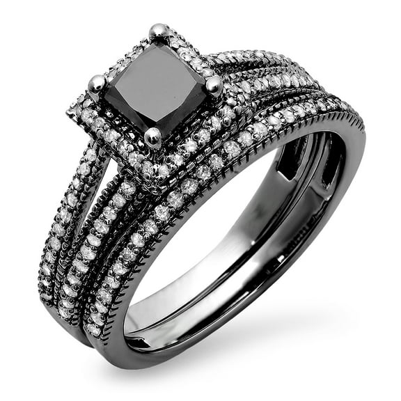 Dazzlingrock Collection 1.35 Carat (ctw) Black Rhodium Plated 14K Princess & Round Diamond Halo Ring Set, White Gold, Size 5.5