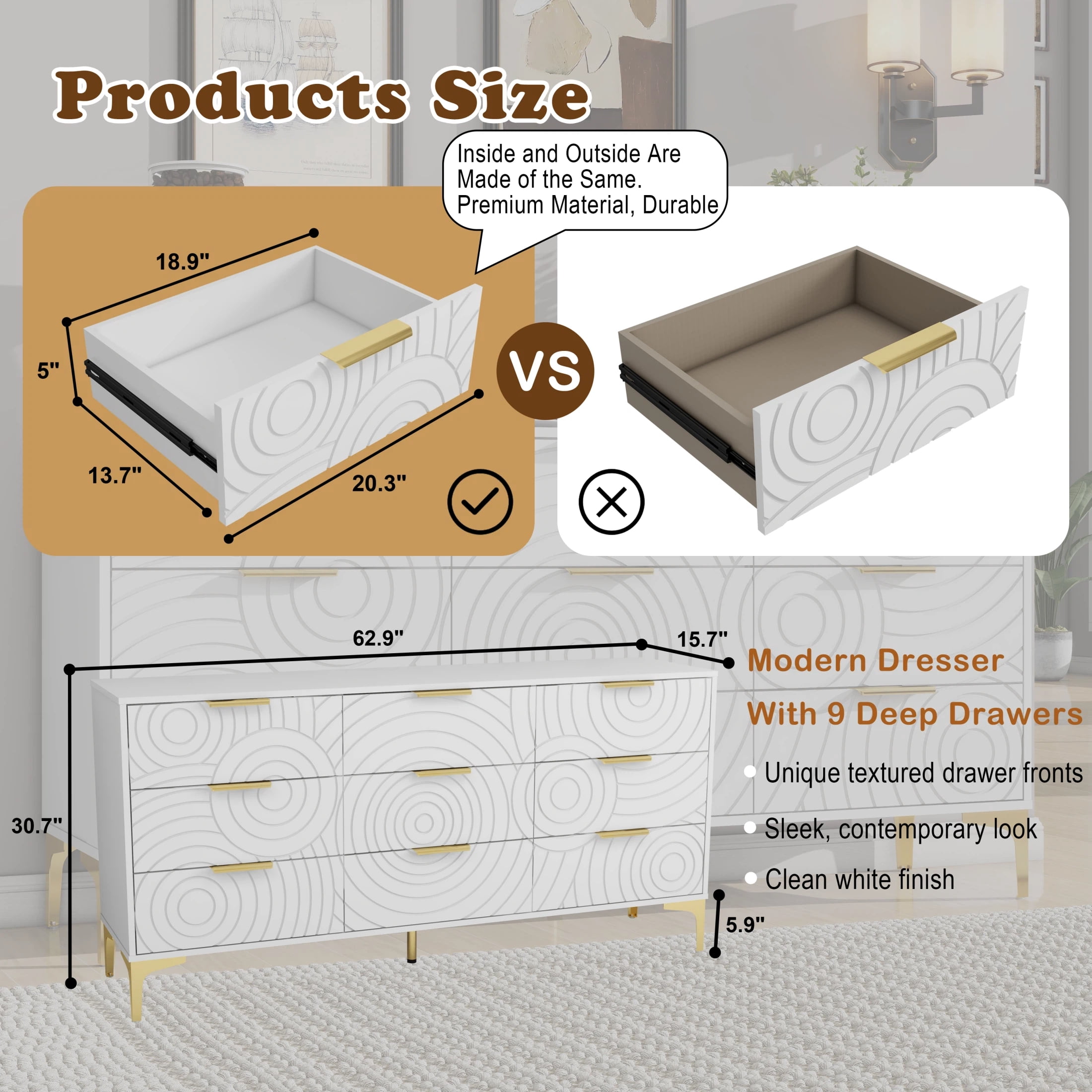 AISWORD 9 Drawer Dresser, Modern Wooden Dresser Chest with Metal Handles, Large Storage for Bedroom, White