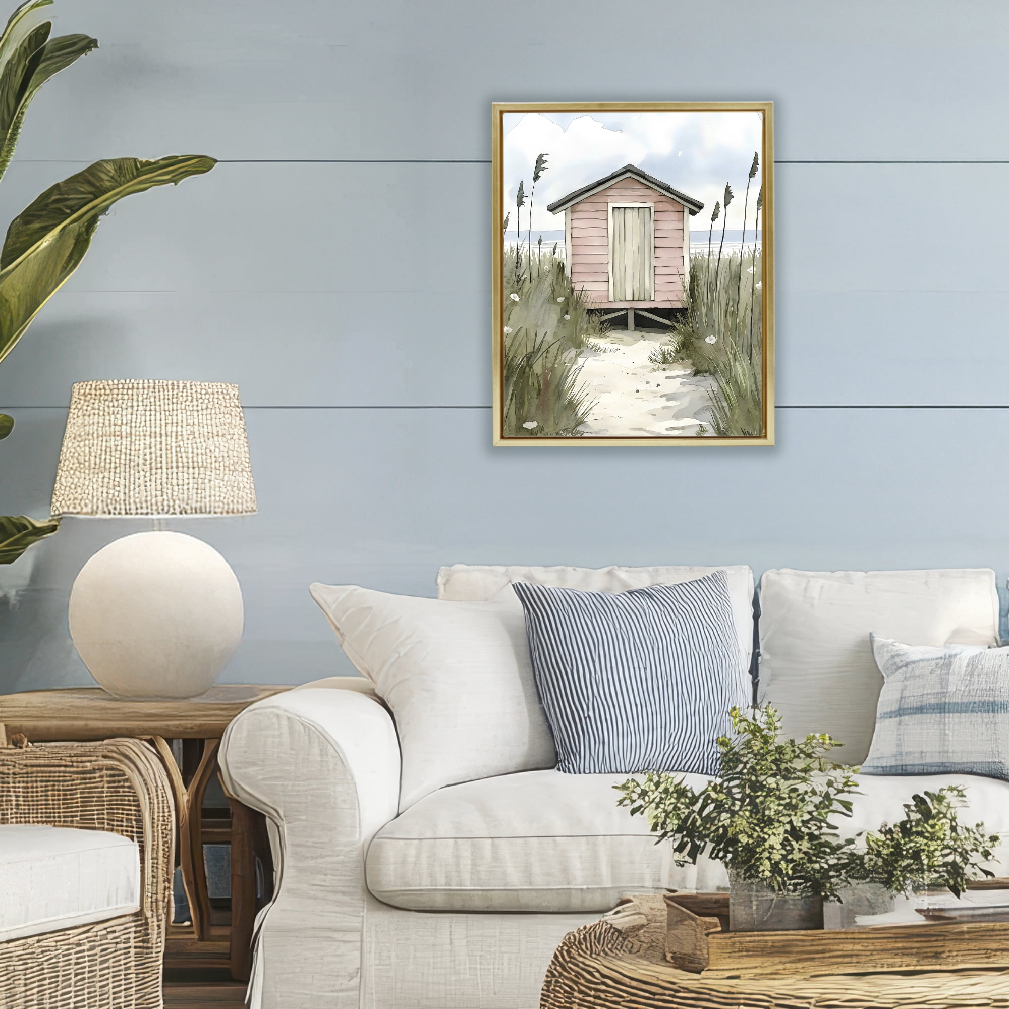 Stupell Industries Coastal Calm Pink Beach Hut Gold Framed Floater Canvas Wall Art, design by Riley B