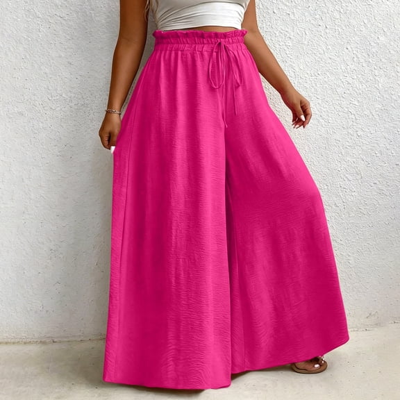 CLOISE Women's Wide Leg Pants Pull on Plus Size Mid Waist Long Pants Elastic Waist Solid Baggy Vacation Outfits Hot Pink L