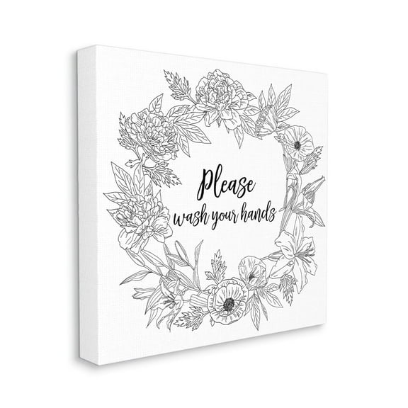 Wash Your Hands Bathroom Sign Spring Floral Border Botanical & Floral Gallery-Wrapped Canvas Print Wall Art, 17x17