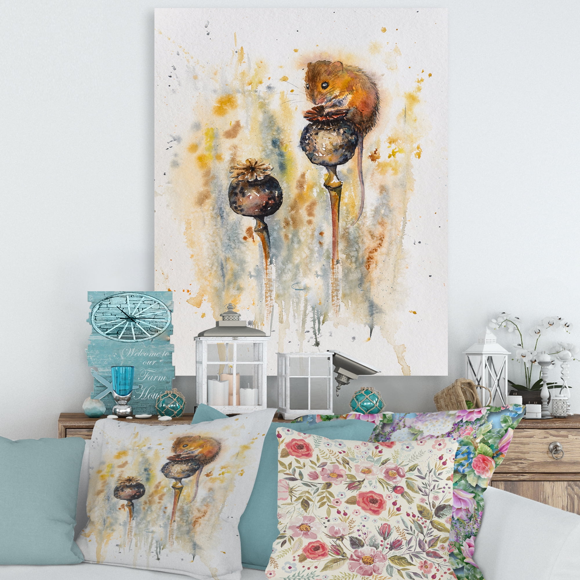 Little Mouse Sitting On Poppies 30 in x 40 in Painting Canvas Art Print, by Designart