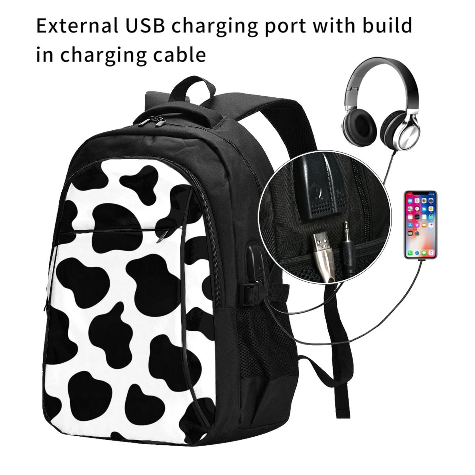 Black And White Cow Skin Print Laptop Backpack with USB Charging Headphone Port Casual Daypack Bag College Business Travel