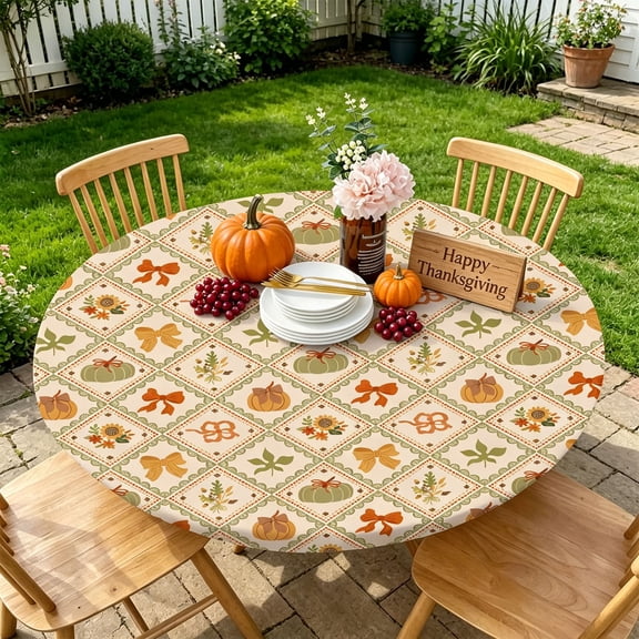 Elastic Fitted Round Tablecloth,Fall Pumpkin Sunflower Bow Stretch Cover for Thanksgiving,Dining Table,Home,Party Decor