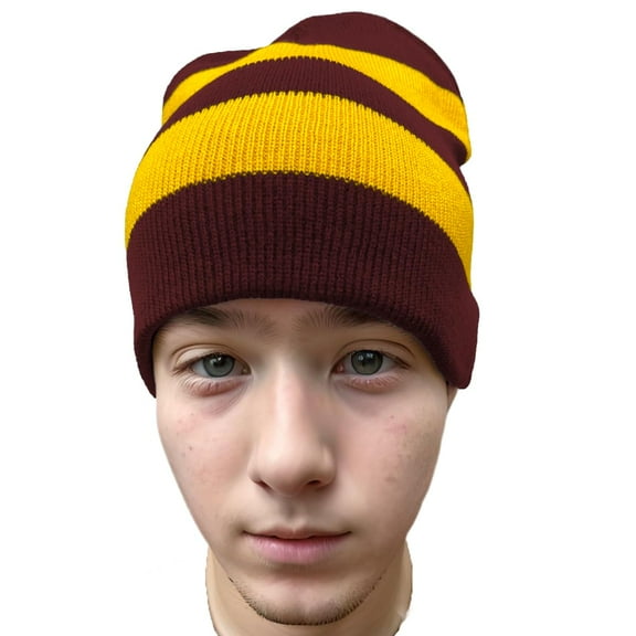 COUVER Striped Knit Warm Beanie with or without Pom Pom Winter Hats (Maroon/ Gold)